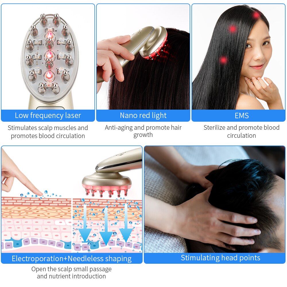 Electric Laser Hair Growth Comb, Infrared EMS RF Vibration Massager Microcurrent Hair Care Hair Loss Treatment Hair Regrowth